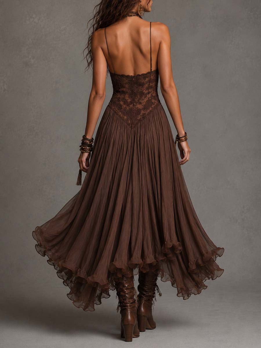 Vestido Feminino Longo Boho de Renda e Chiffon com Decote Coração – Sedona