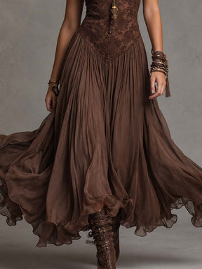 Vestido Feminino Longo Boho de Renda e Chiffon com Decote Coração – Sedona
