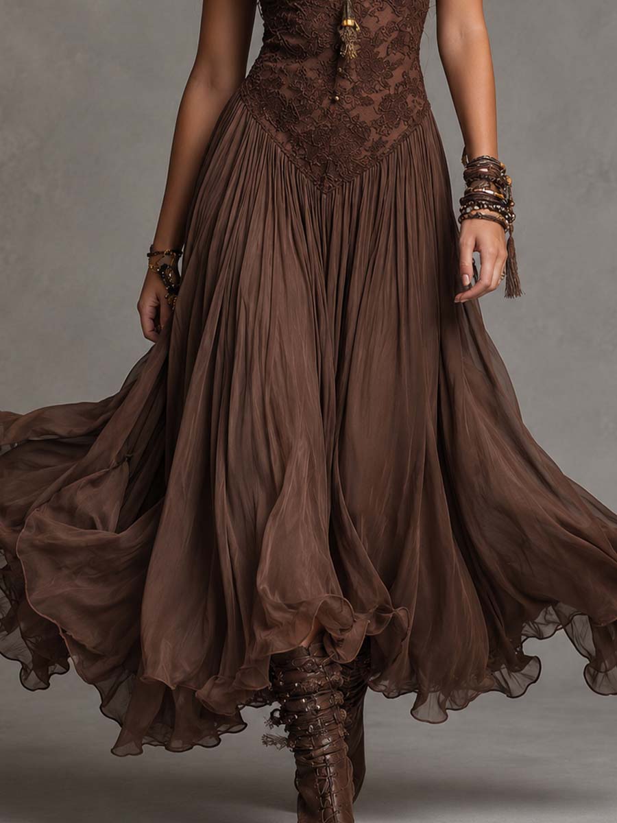Vestido Feminino Longo Boho de Renda e Chiffon com Decote Coração – Sedona