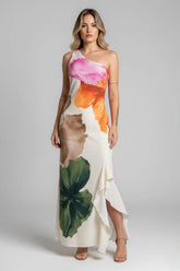 Vestido Longo Floral Assimétrico com Fenda Estampa Aquarela - Santorini