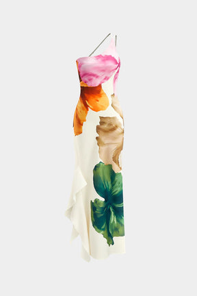 Vestido Longo Floral Assimétrico com Fenda Estampa Aquarela - Santorini