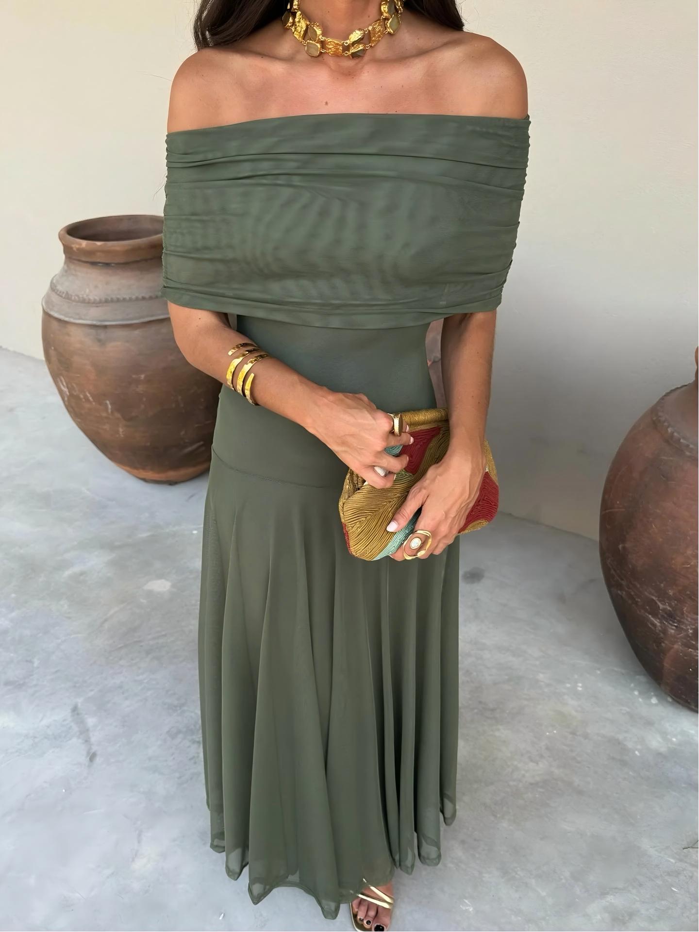 Vestido Feminino Longo Ombro a Ombro de Chiffon com Drapeado – Umbria