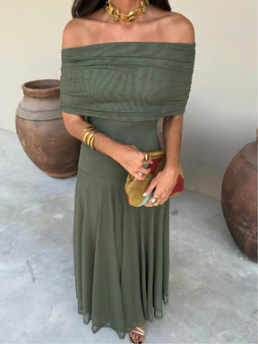 Vestido Feminino Longo Ombro a Ombro de Chiffon com Drapeado – Umbria