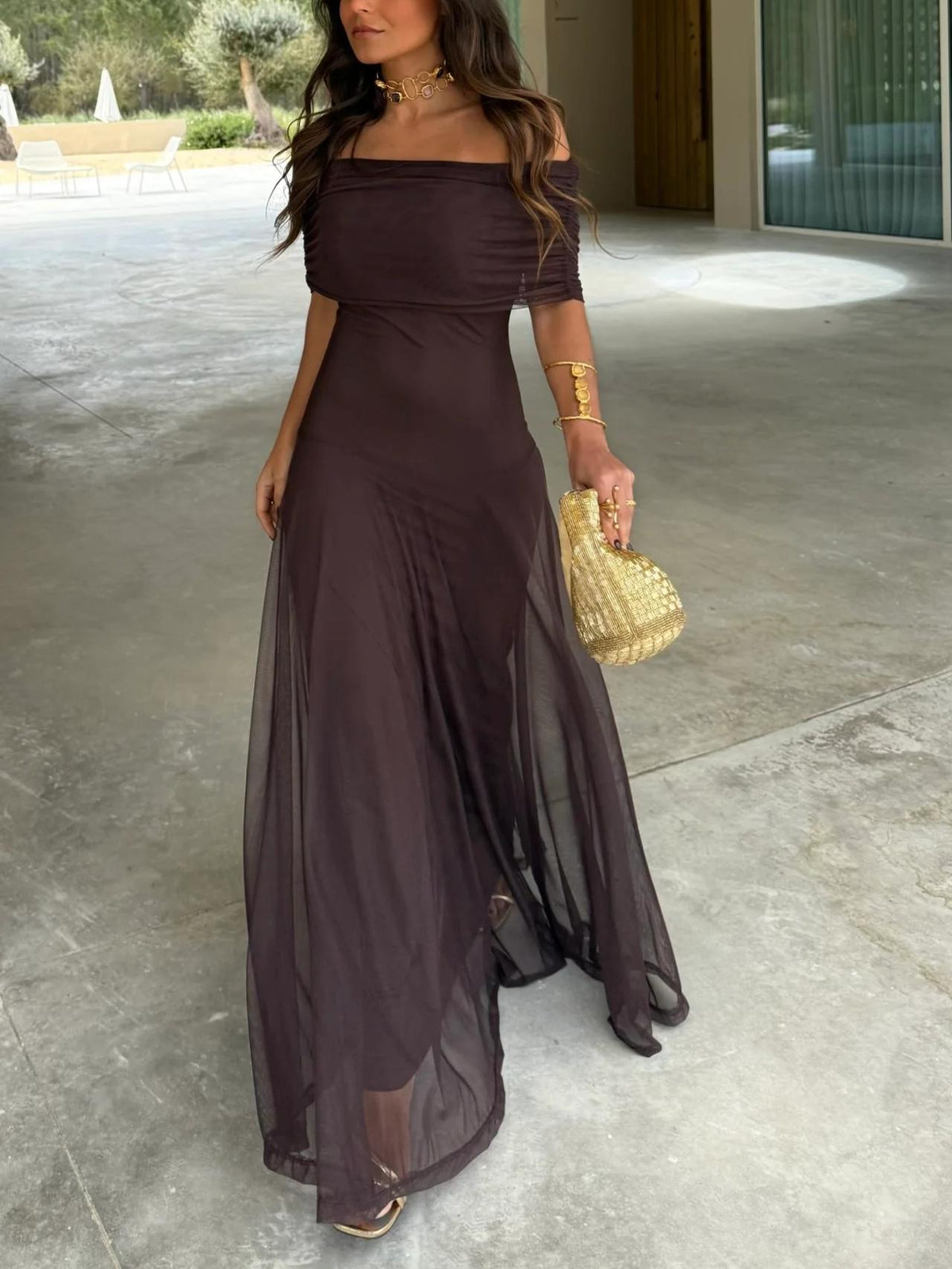Vestido Feminino Longo Ombro a Ombro de Chiffon com Drapeado – Umbria