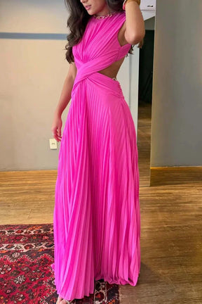 Vestido Feminino Longo Plissado com Cut-Out na Cintura – Bianca