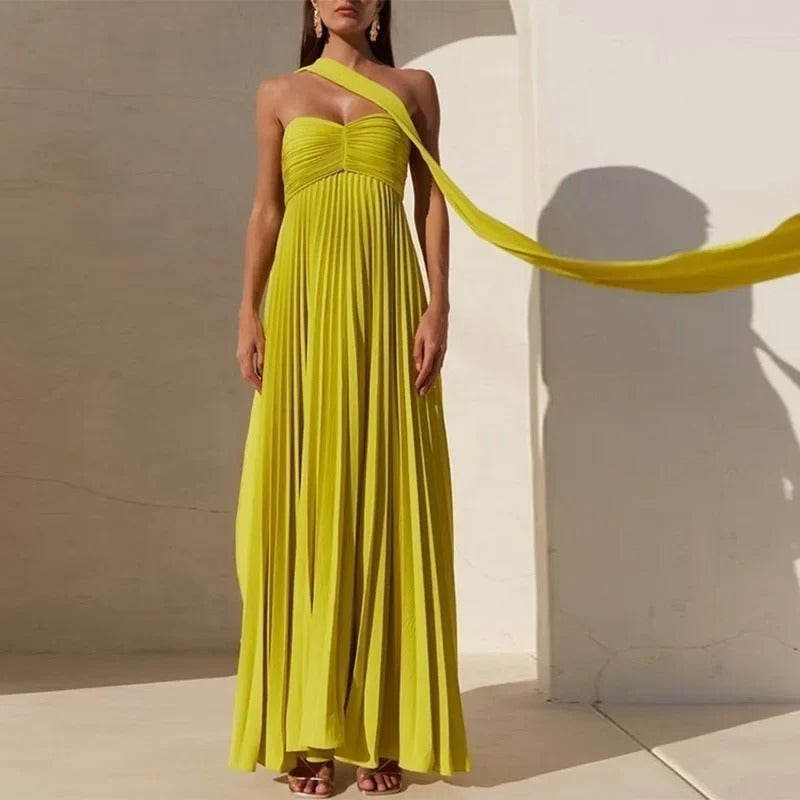 Vestido Feminino Longo Plissado com Echarpe Tomara que Caia – Amabile