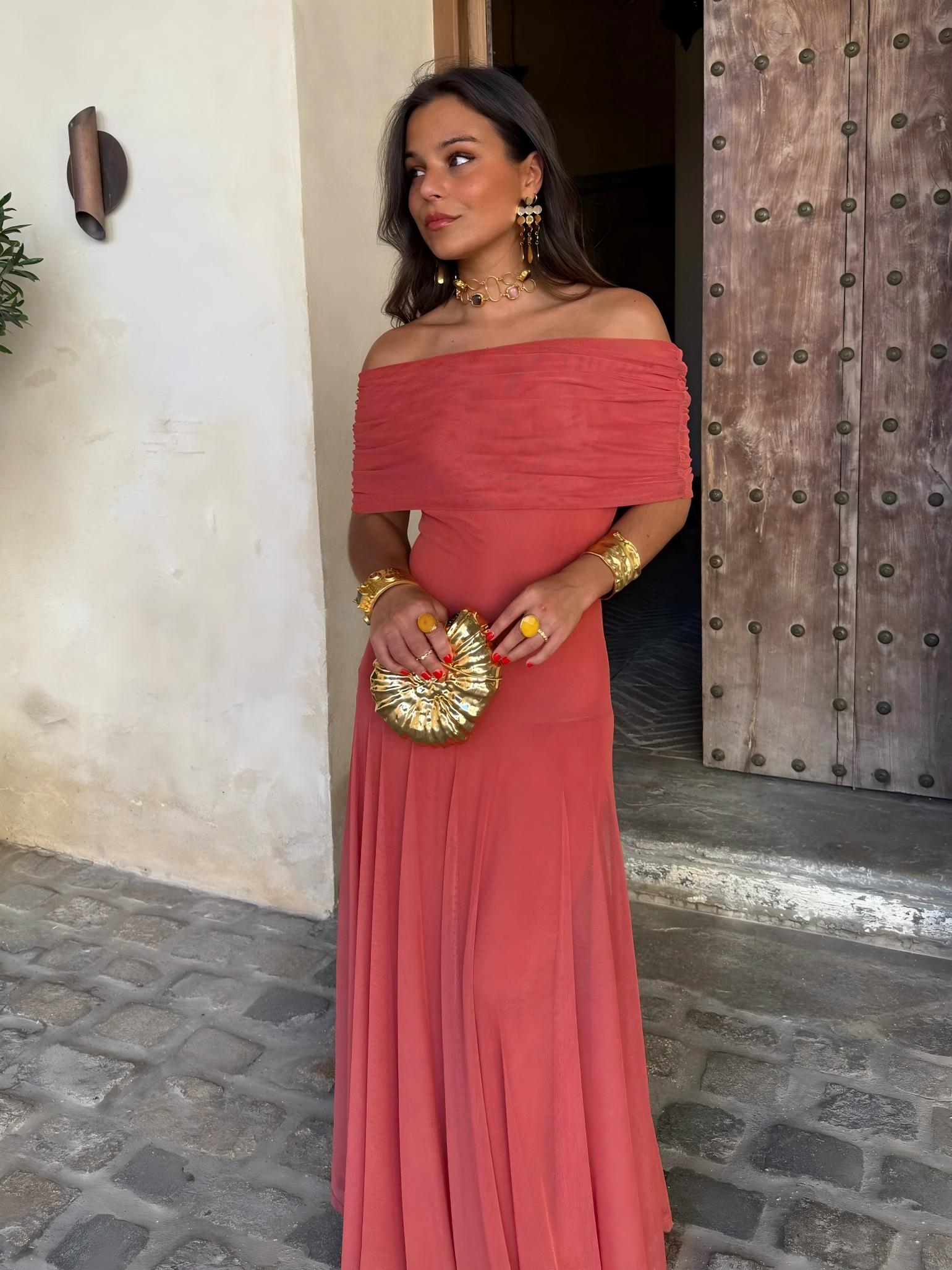 Vestido Feminino Longo Ombro a Ombro de Chiffon com Drapeado – Umbria