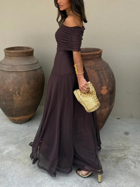 Vestido Feminino Longo Ombro a Ombro de Chiffon com Drapeado – Umbria