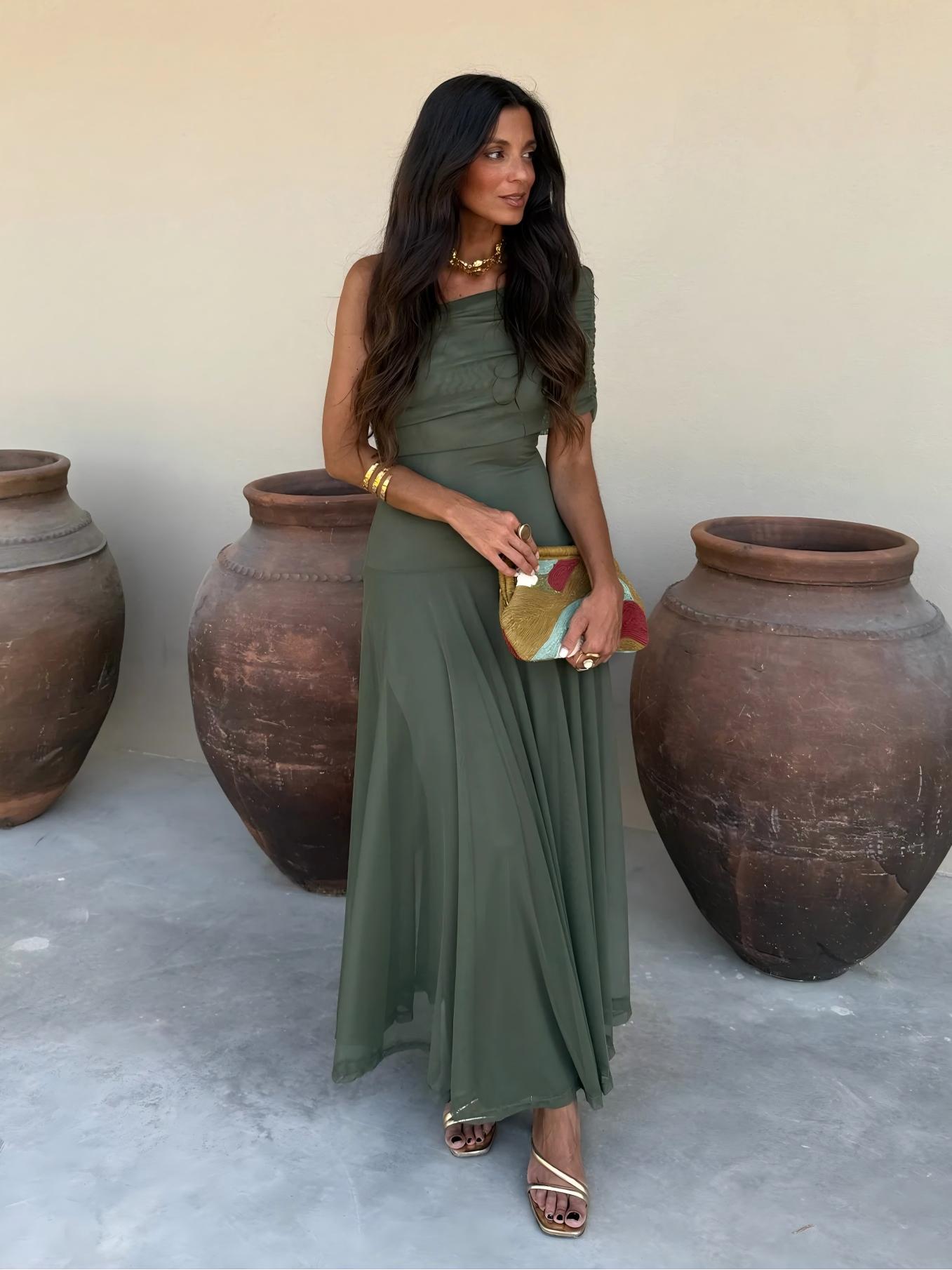 Vestido Feminino Longo Ombro a Ombro de Chiffon com Drapeado – Umbria