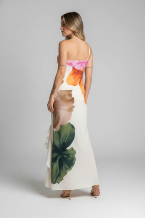 Vestido Longo Floral Assimétrico com Fenda Estampa Aquarela - Santorini