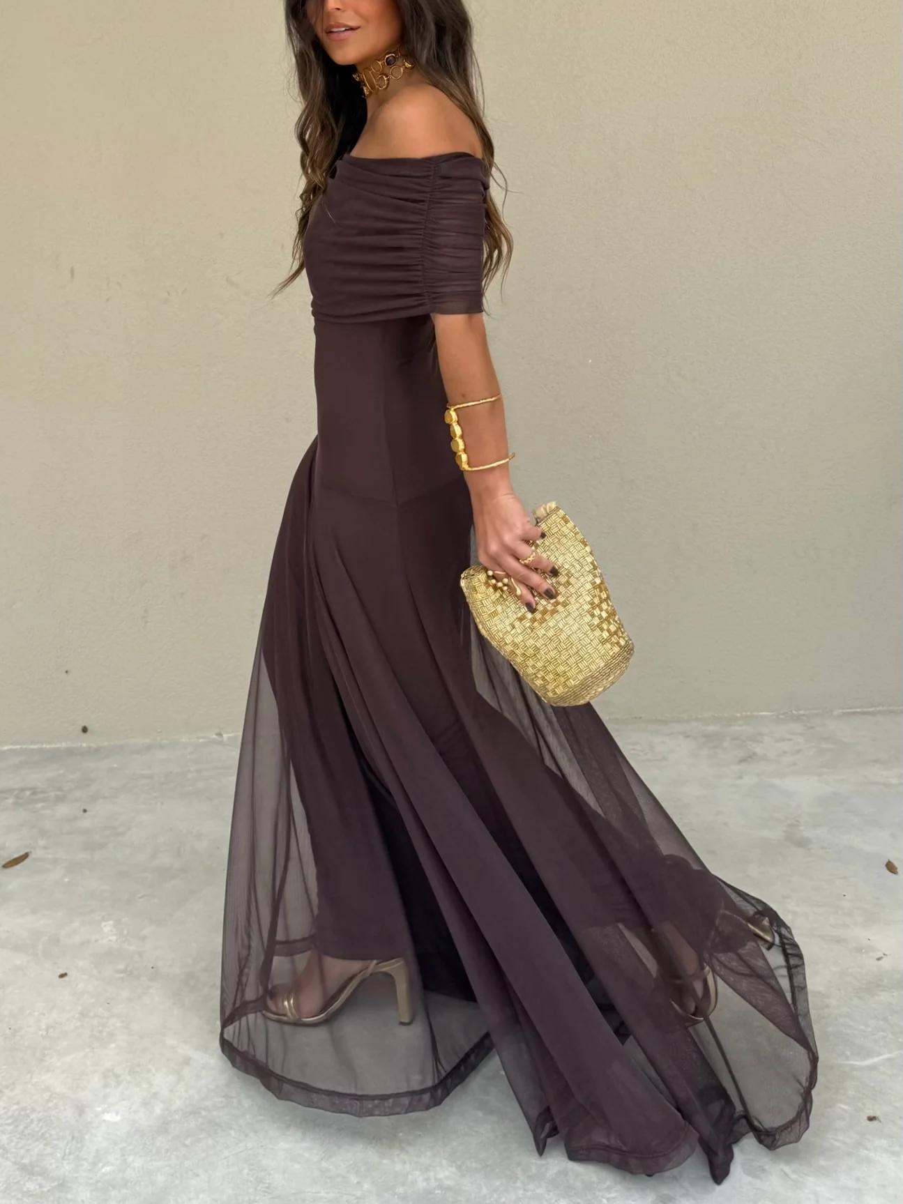 Vestido Feminino Longo Ombro a Ombro de Chiffon com Drapeado – Umbria