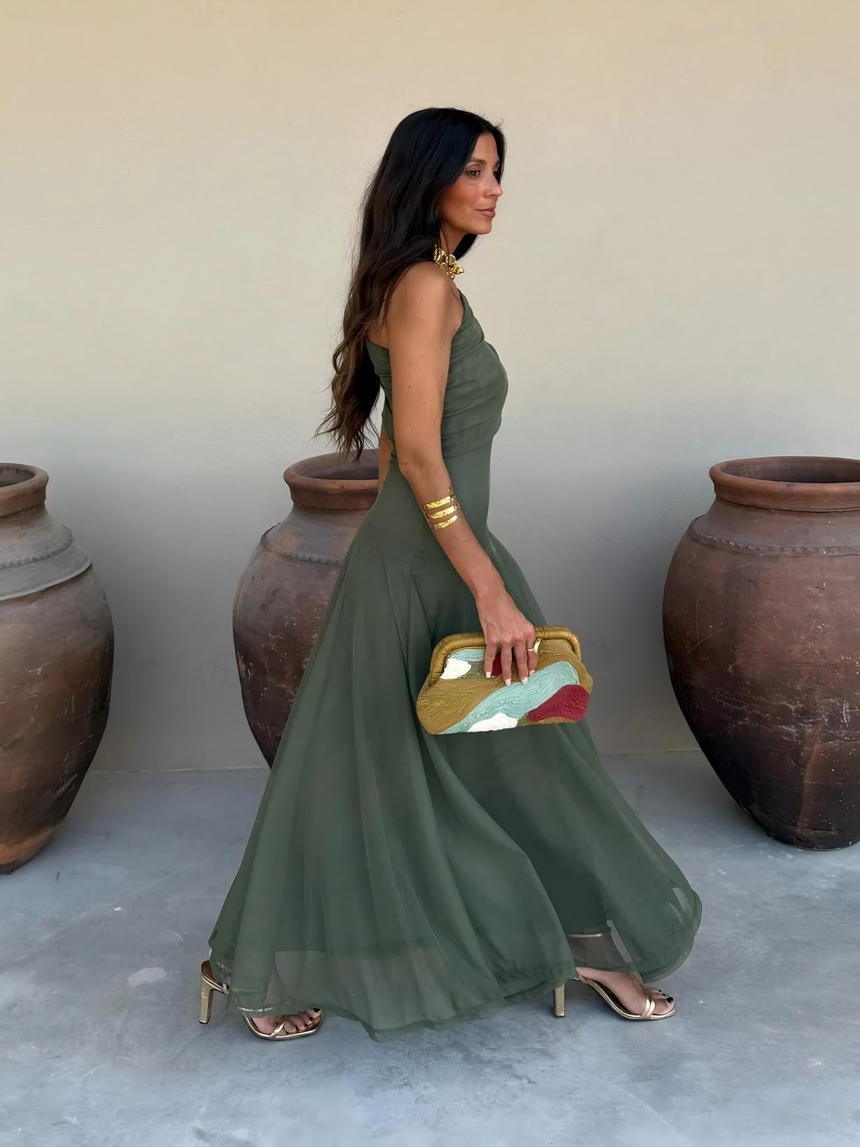 Vestido Feminino Longo Ombro a Ombro de Chiffon com Drapeado – Umbria