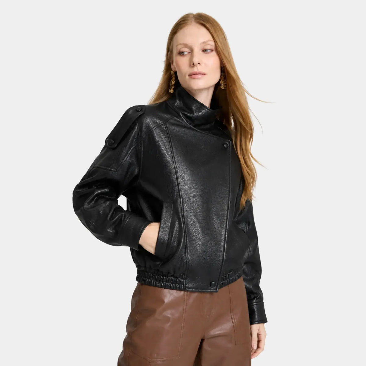 Jaqueta Feminina de Couro Premium Oversized Gola Alta – Bruges