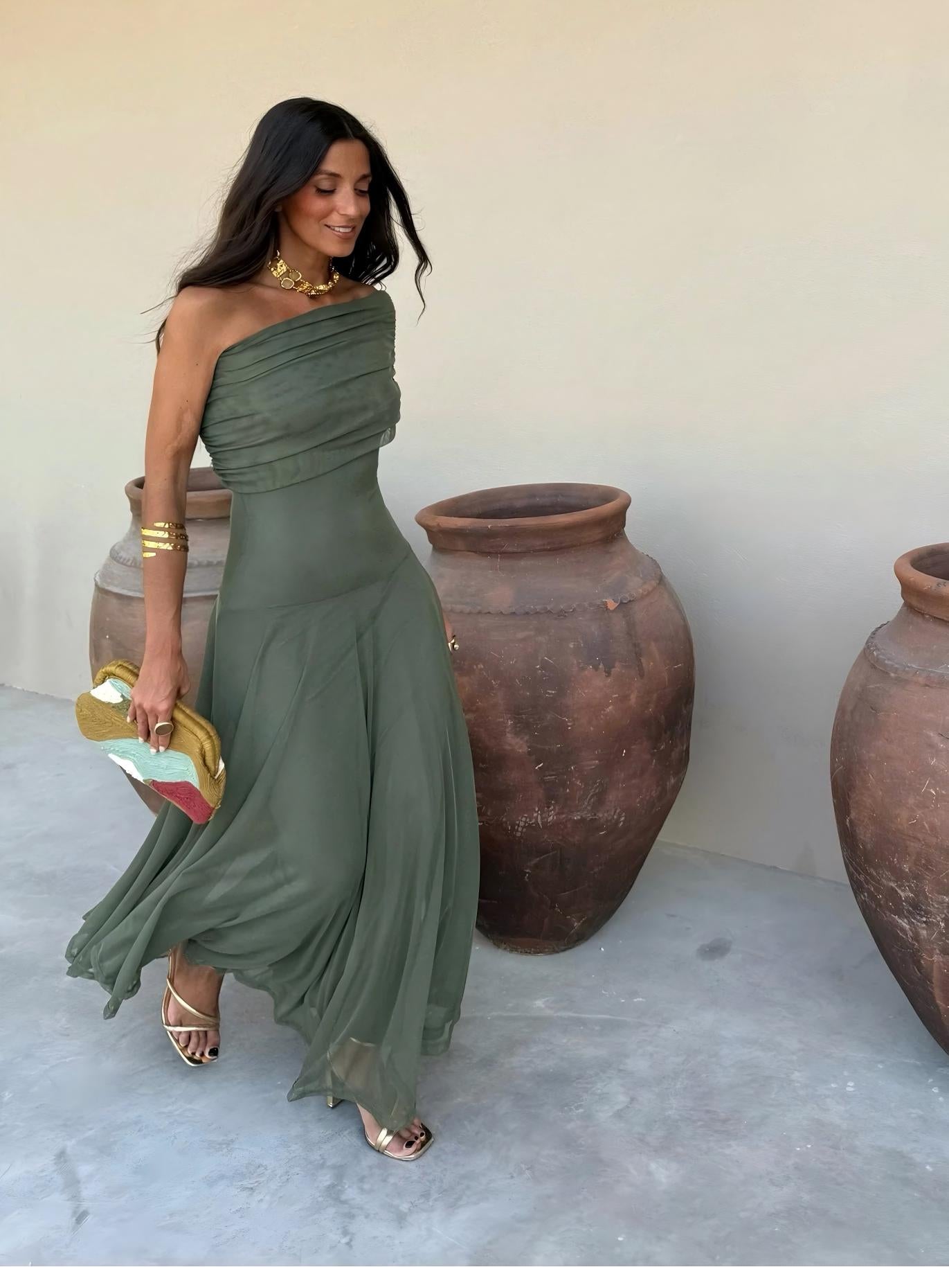 Vestido Feminino Longo Ombro a Ombro de Chiffon com Drapeado – Umbria