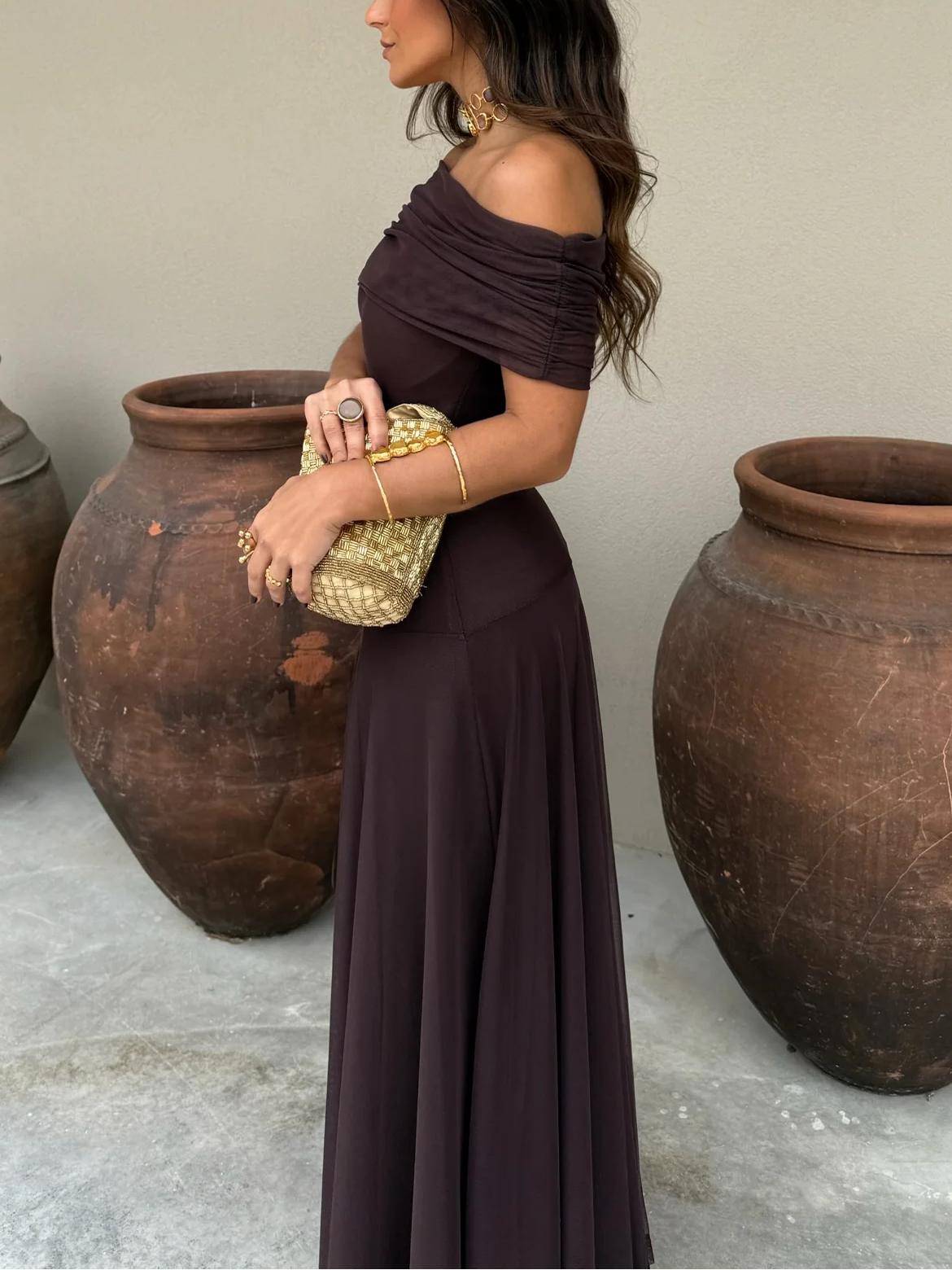 Vestido Feminino Longo Ombro a Ombro de Chiffon com Drapeado – Umbria