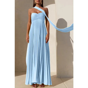 Vestido Feminino Longo Plissado com Echarpe Tomara que Caia – Amabile