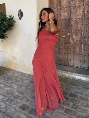 Vestido Feminino Longo Ombro a Ombro de Chiffon com Drapeado – Umbria