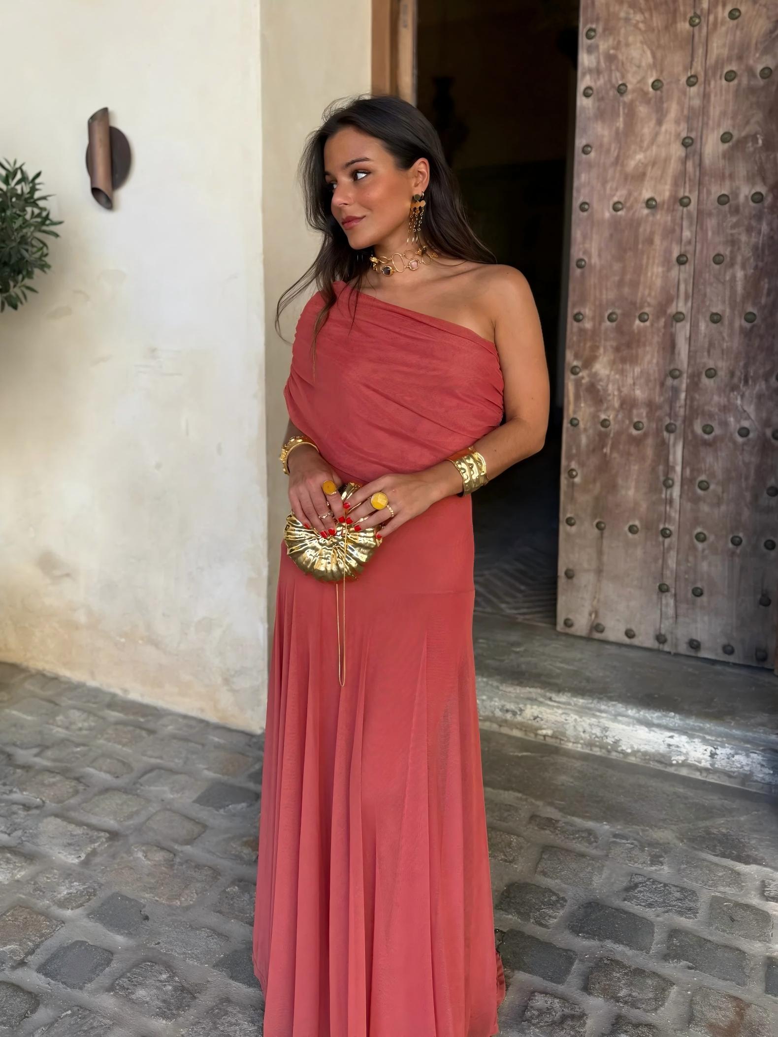 Vestido Feminino Longo Ombro a Ombro de Chiffon com Drapeado – Umbria