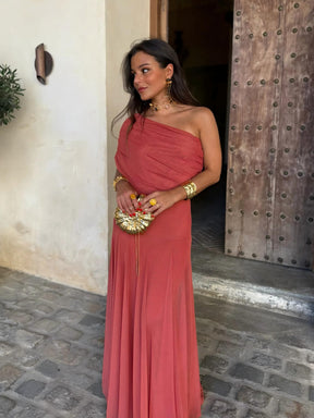 Vestido Feminino Longo Ombro a Ombro de Chiffon com Drapeado – Umbria