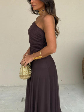 Vestido Feminino Longo Ombro a Ombro de Chiffon com Drapeado – Umbria