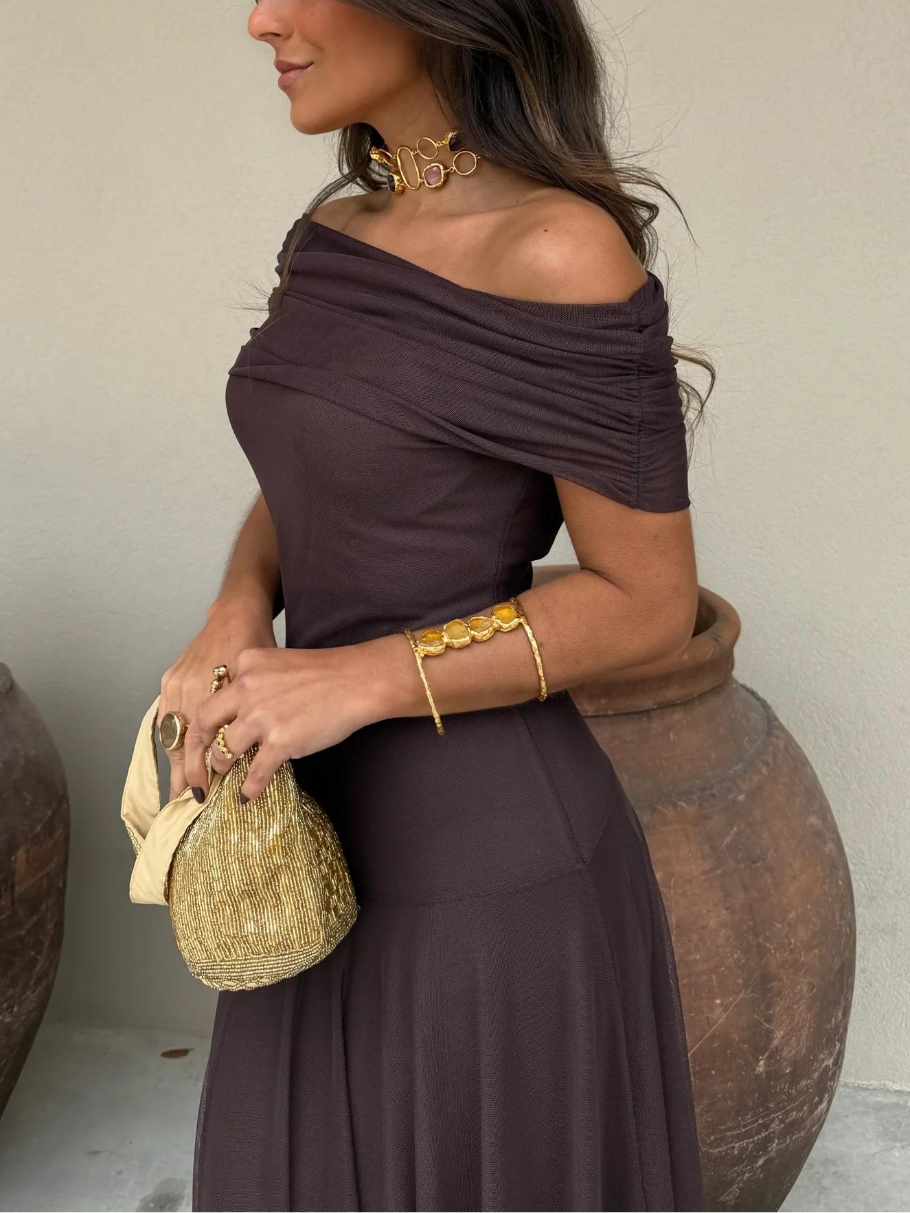 Vestido Feminino Longo Ombro a Ombro de Chiffon com Drapeado – Umbria