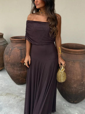 Vestido Feminino Longo Ombro a Ombro de Chiffon com Drapeado – Umbria