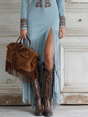 Vestido Feminino Longo Western de Camurça com Franjas e Bordado – Dakota