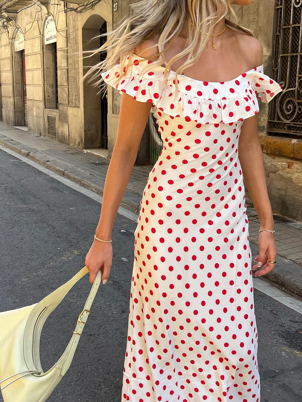 Vestido Longo com Babados e Estampa Polka