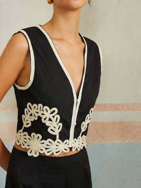 Conjunto de Top e Calça Casual Bordado Sem Mangas