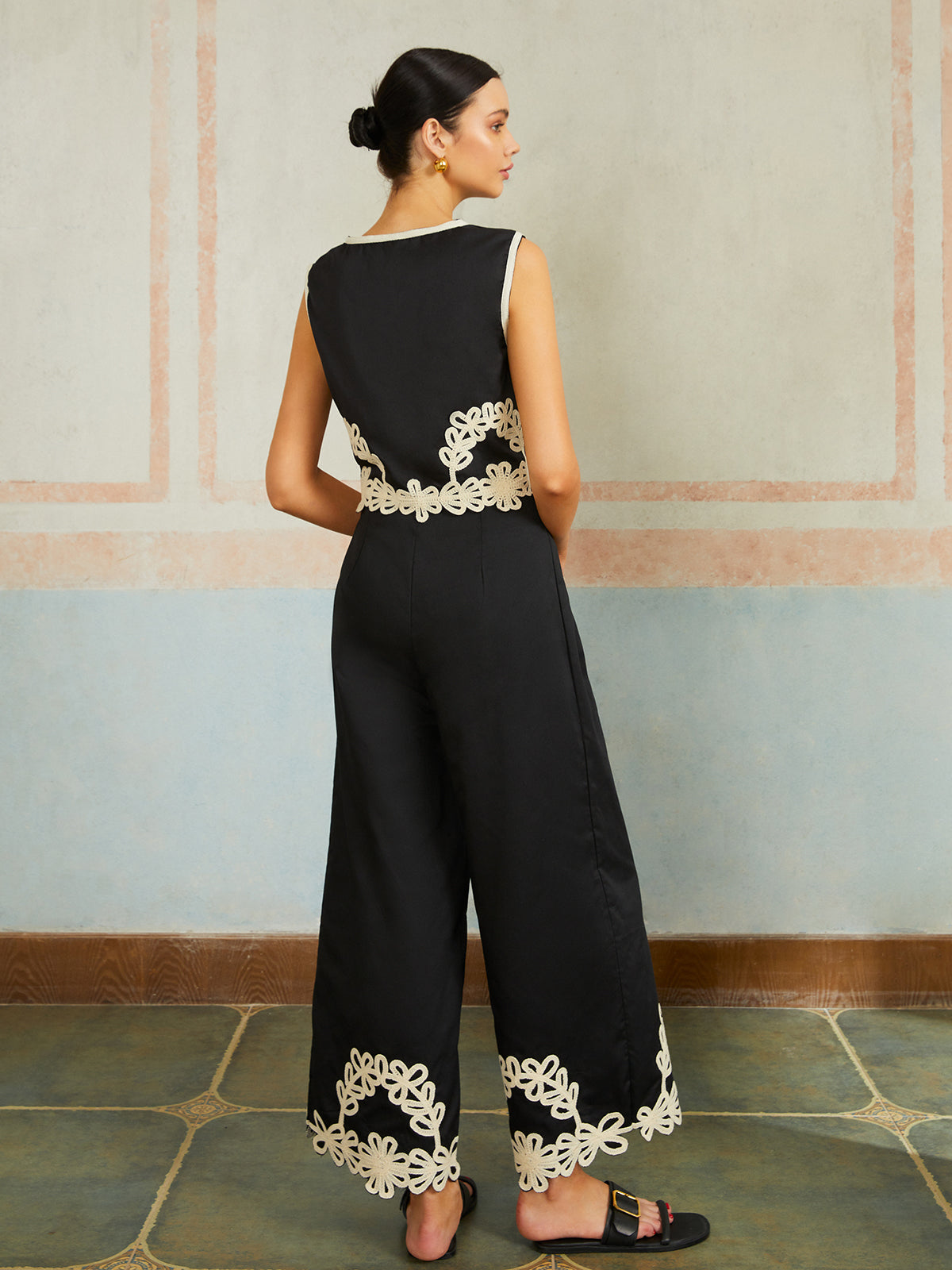 Conjunto de Top e Calça Casual Bordado Sem Mangas
