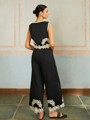 Conjunto de Top e Calça Casual Bordado Sem Mangas