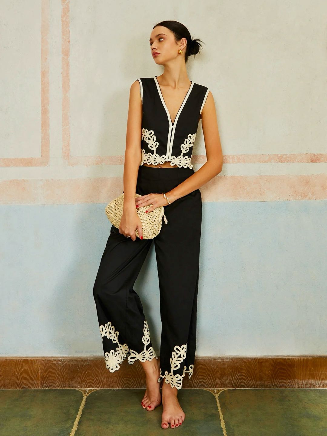 Conjunto de Top e Calça Casual Bordado Sem Mangas