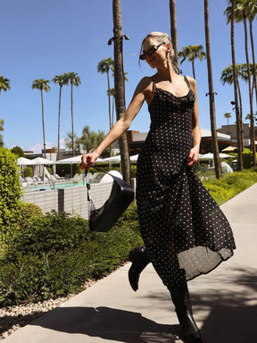 Vestido Longo de Chiffon com Estampa Polka
