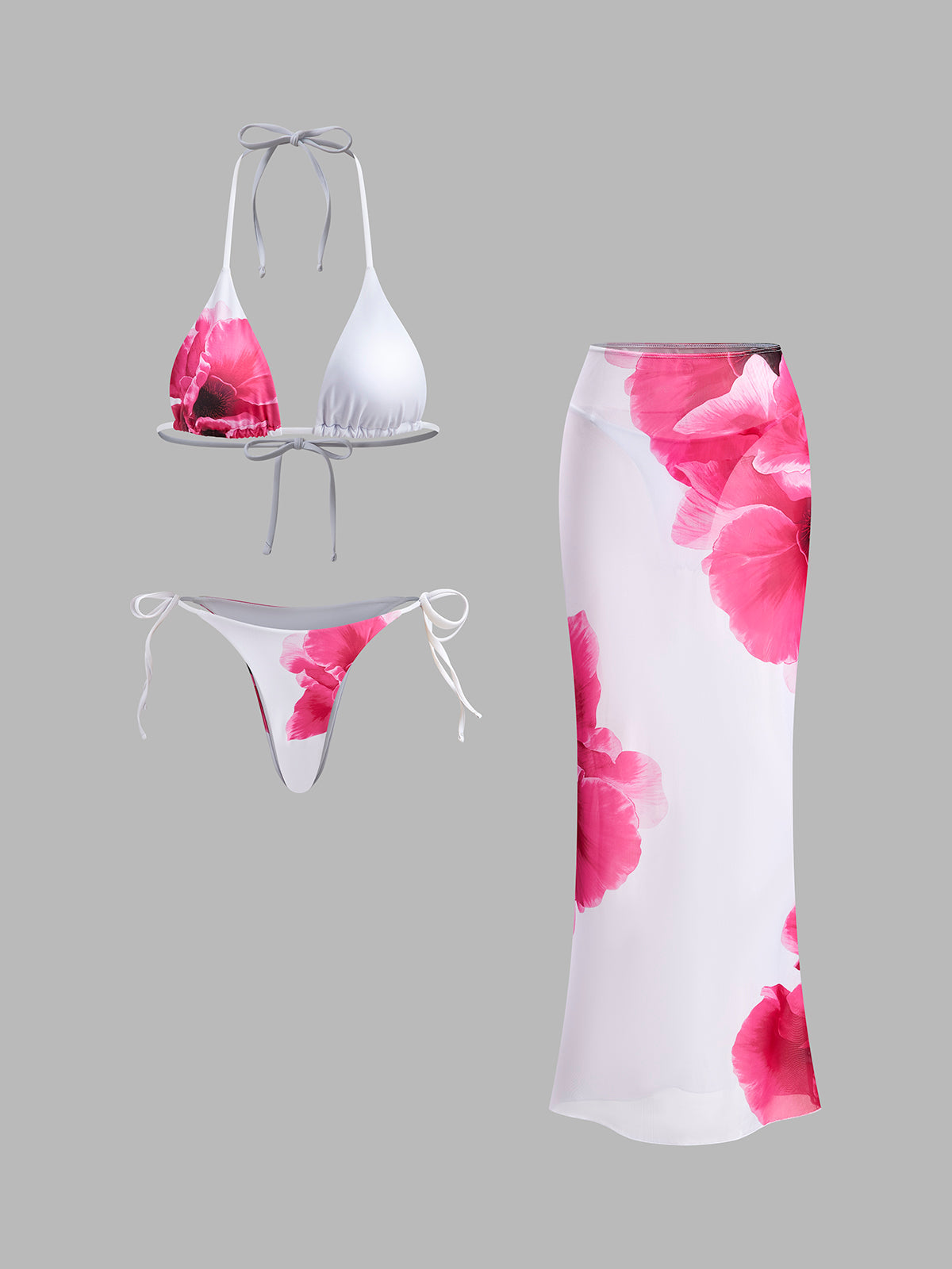 Conjunto de Biquíni e Saia Semitransparente Floral