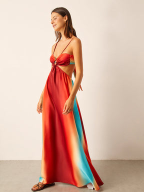 Vestido de Cetim com Recorte na Cintura e Degradê