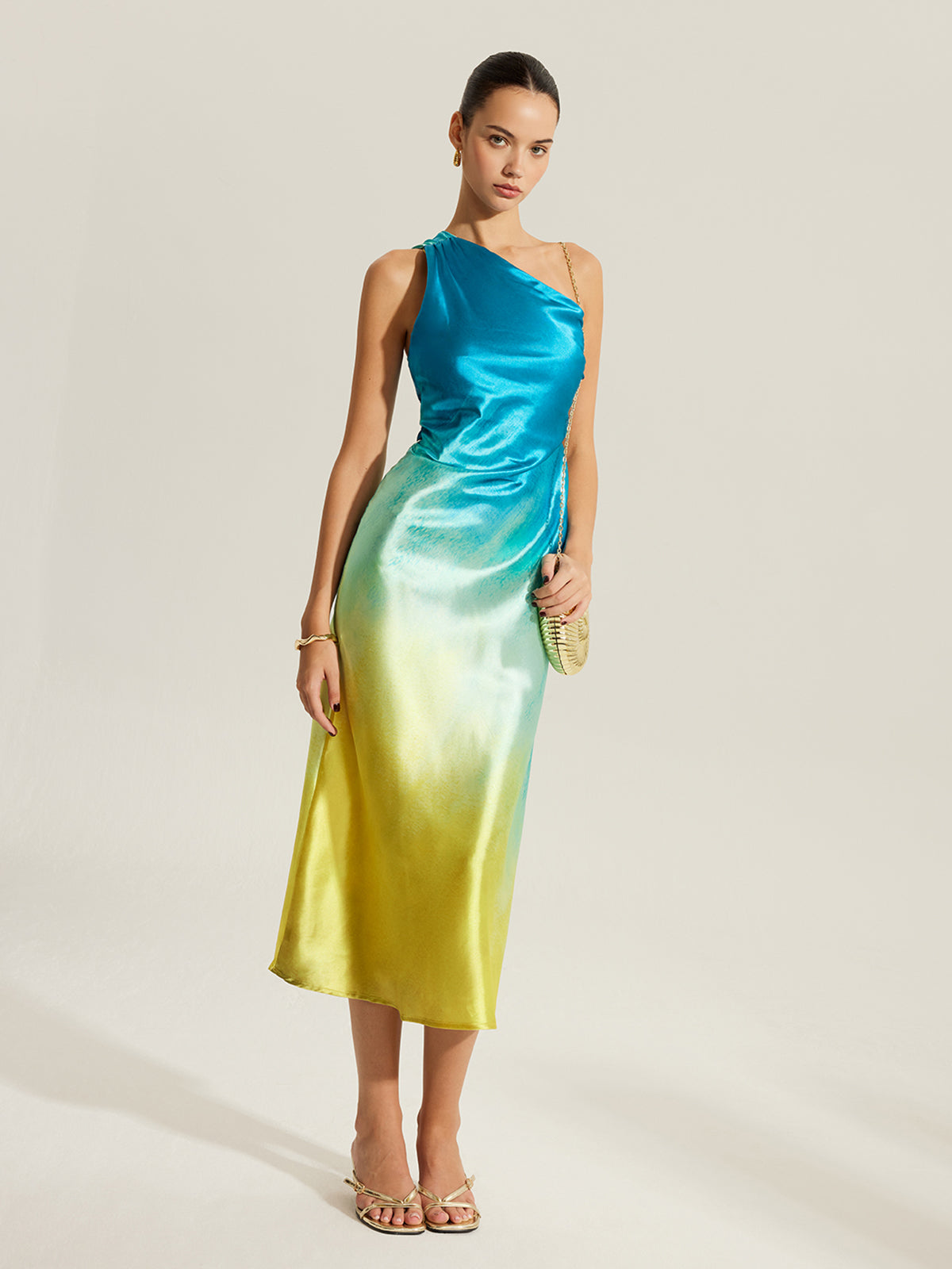 Vestido Longo Acetinado de Um Ombro Só - Aqua Luxe