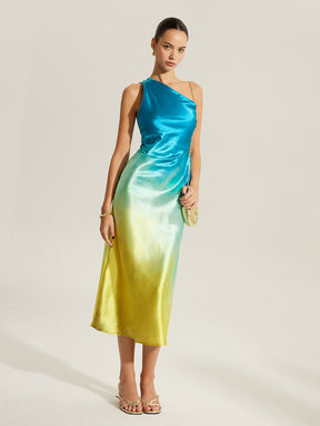 Vestido Longo Acetinado de Um Ombro Só - Aqua Luxe