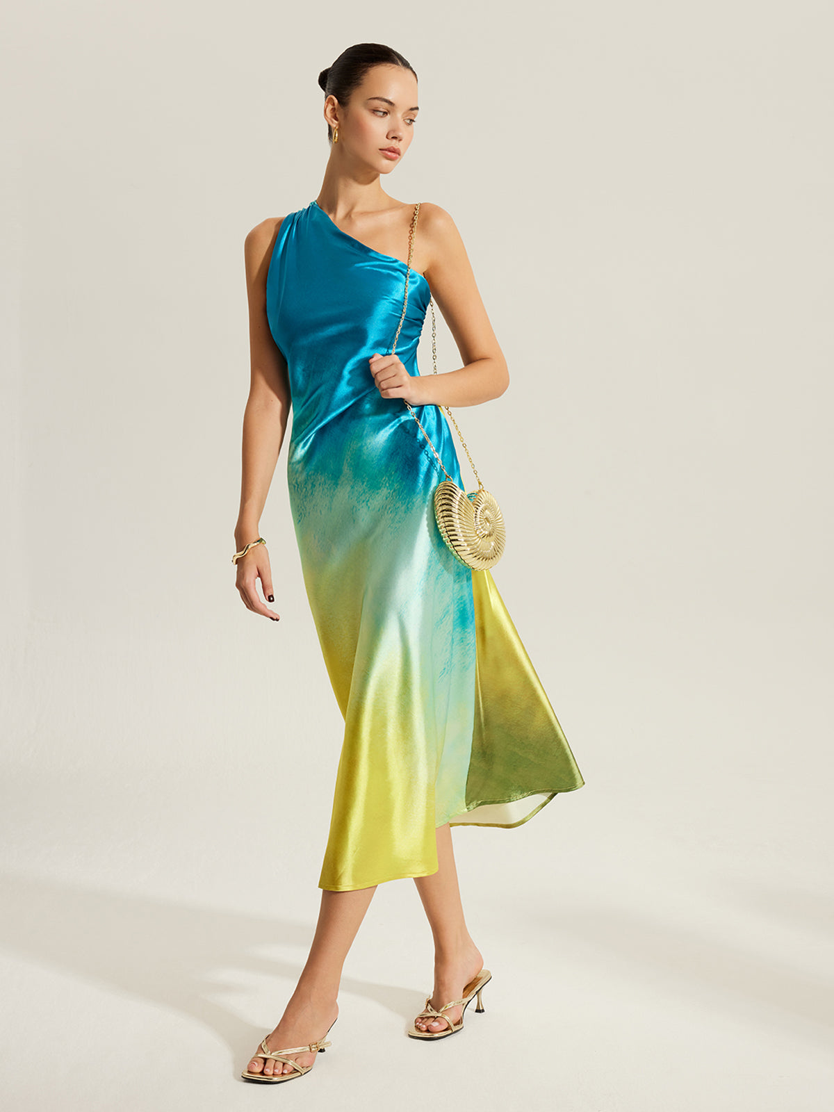 Vestido Longo Acetinado de Um Ombro Só - Aqua Luxe