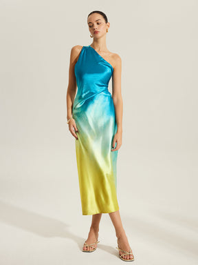 Vestido Longo Acetinado de Um Ombro Só - Aqua Luxe