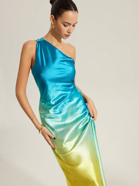 Vestido Longo Acetinado de Um Ombro Só - Aqua Luxe