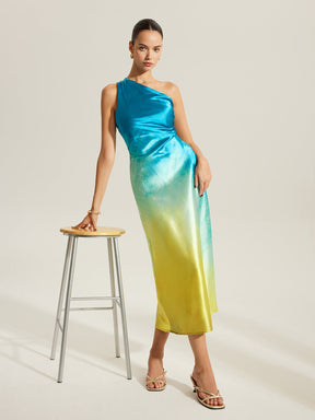 Vestido Longo Acetinado de Um Ombro Só - Aqua Luxe