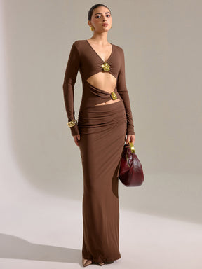 Vestido Longo de Manga Longa com Recortes e Detalhe Metálico - Elara