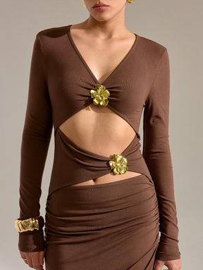 Vestido Longo de Manga Longa com Recortes e Detalhe Metálico - Elara