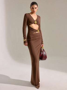 Vestido Longo de Manga Longa com Recortes e Detalhe Metálico - Elara