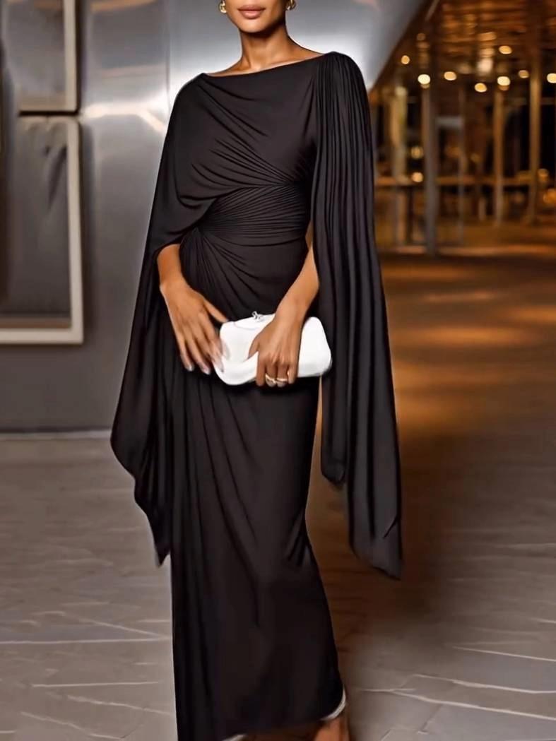 Vestido Feminino Longo Preto com Mangas Capa e Drapeado – Ônix