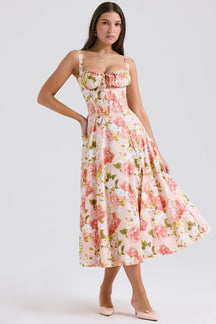 Vestido Midi Floral com Corselete e Fenda Frontal — Florence