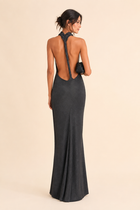 Vestido Longo Metalizado Gola Alta com Costas Abertas - Rafaela