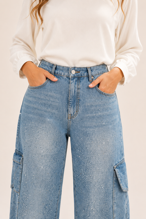 Calça Jeans Wide Leg Carpenter com Brilho - Bruges