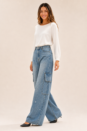 Calça Jeans Wide Leg Carpenter com Brilho - Bruges