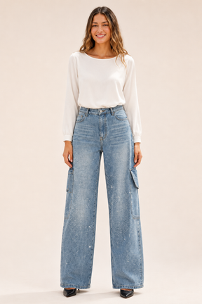 Calça Jeans Wide Leg Carpenter com Brilho - Bruges